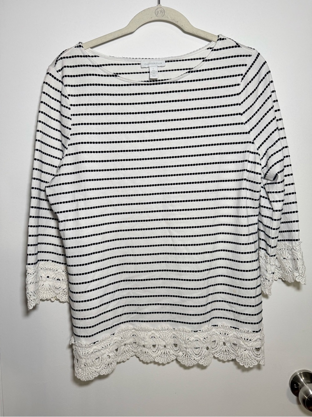 Women’s White & Black Striped Crochet-Hem Top
